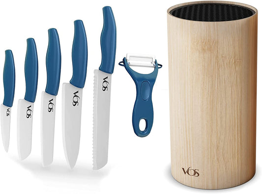 Vos Universal Knife Block and Ceramic Kitchen Knives With Peeler, Ceramic Paring Knife 4", 5", 6", 7", 8" Inch Blue