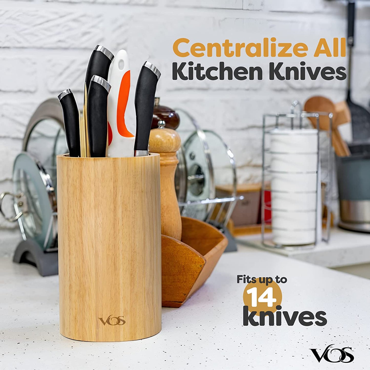 Vos Universal Knife Block and Ceramic Kitchen Knives With Peeler, Ceramic Paring Knife 4", 5", 6", 7", 8" Inch Blue