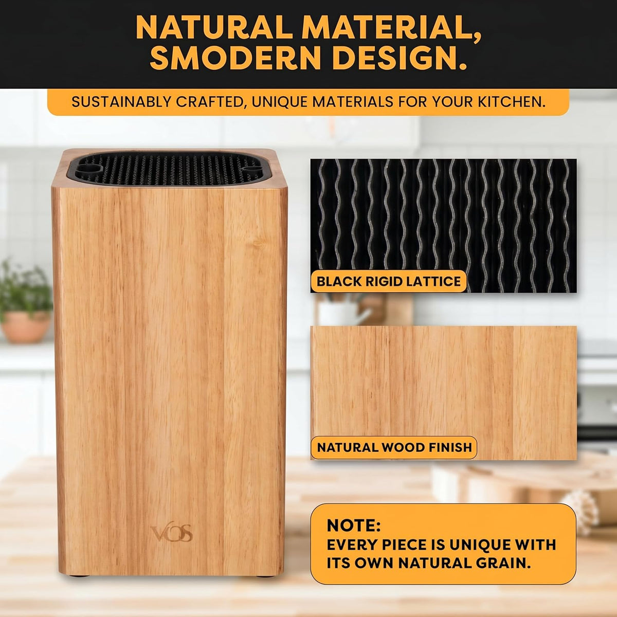 Vos Universal Knife Block - Countertop Knife Block Without Knives - Knife Holder with Non-Slip Base Sturdy Knife Organizer - Space Saving Knife Stand, Sleek & Modern Knife Rack - Bamboo