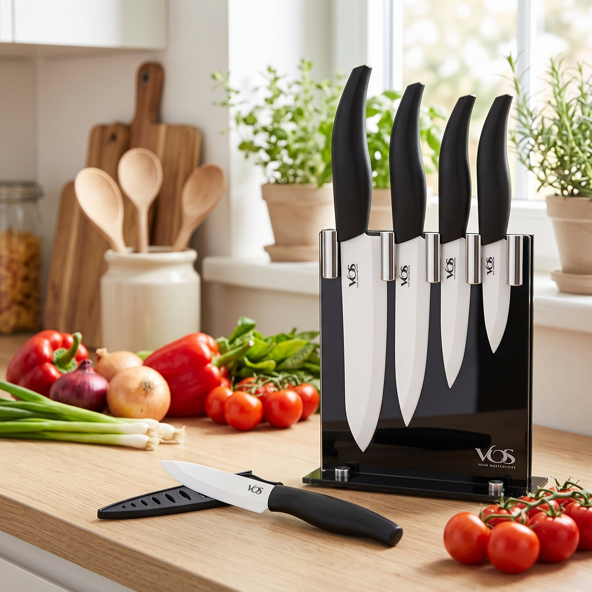 Vos 5-Piece Ceramic Knife Set with Elegant Block plus Extra Paring Knife (Black)