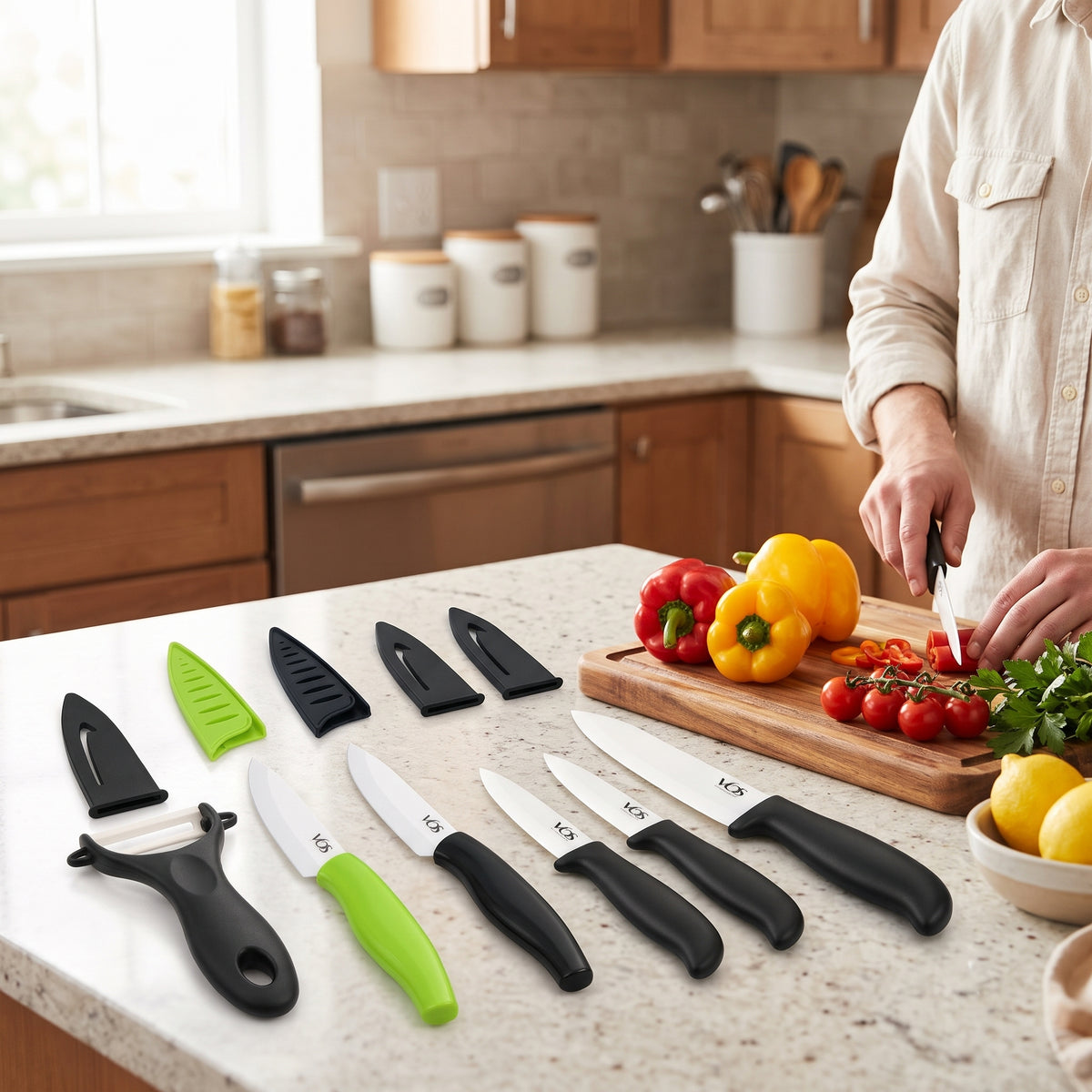 Vos 6-Piece Ceramic Knife & Peeler Gift Set, Black 4-Piece Set plus 2 Paring Knives