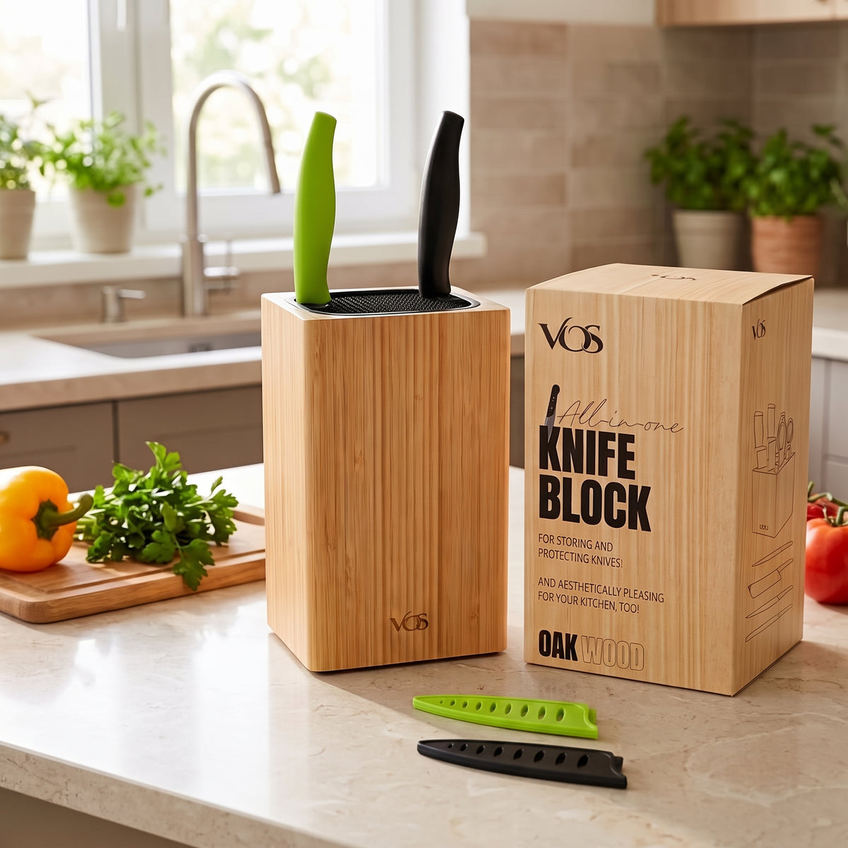Vos Large Universal Oak Knife Block with Two 4" Ceramic Paring Knives (Green & Black)