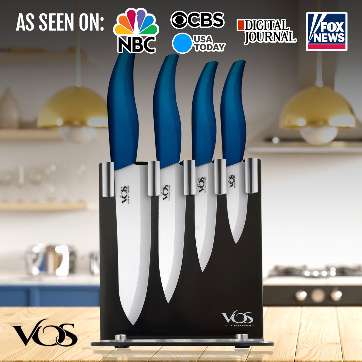 Ceramic 4 Pcs Knife Set with Knives Holder - Blue