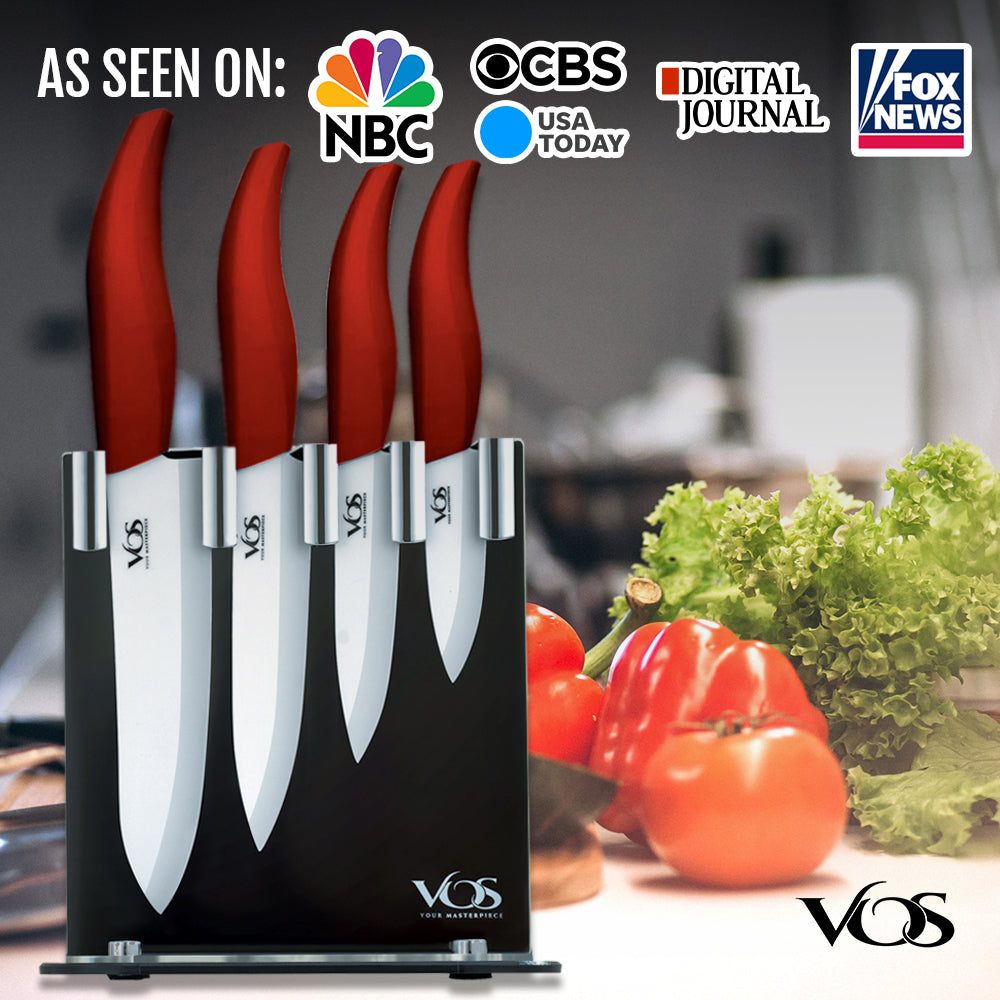 Ceramic 4 Pcs Knife Set with Knives Holder - Red