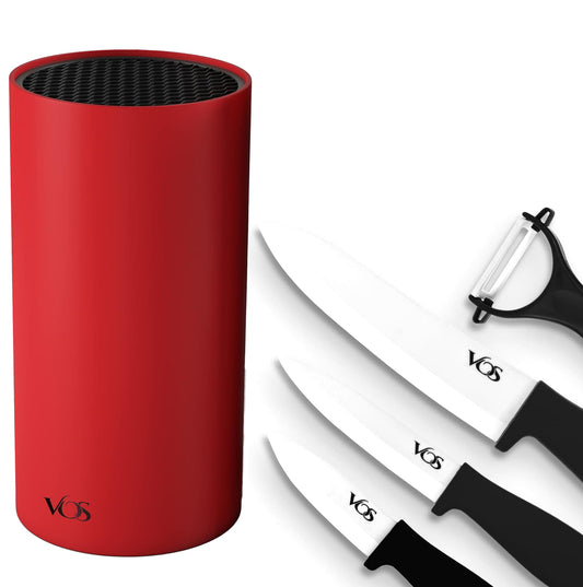 Vos Universal knife Block and Ceramic Kitchen Knives With Peeler, Ceramic Paring Knife 3", 4", 6", Inch Black and Red