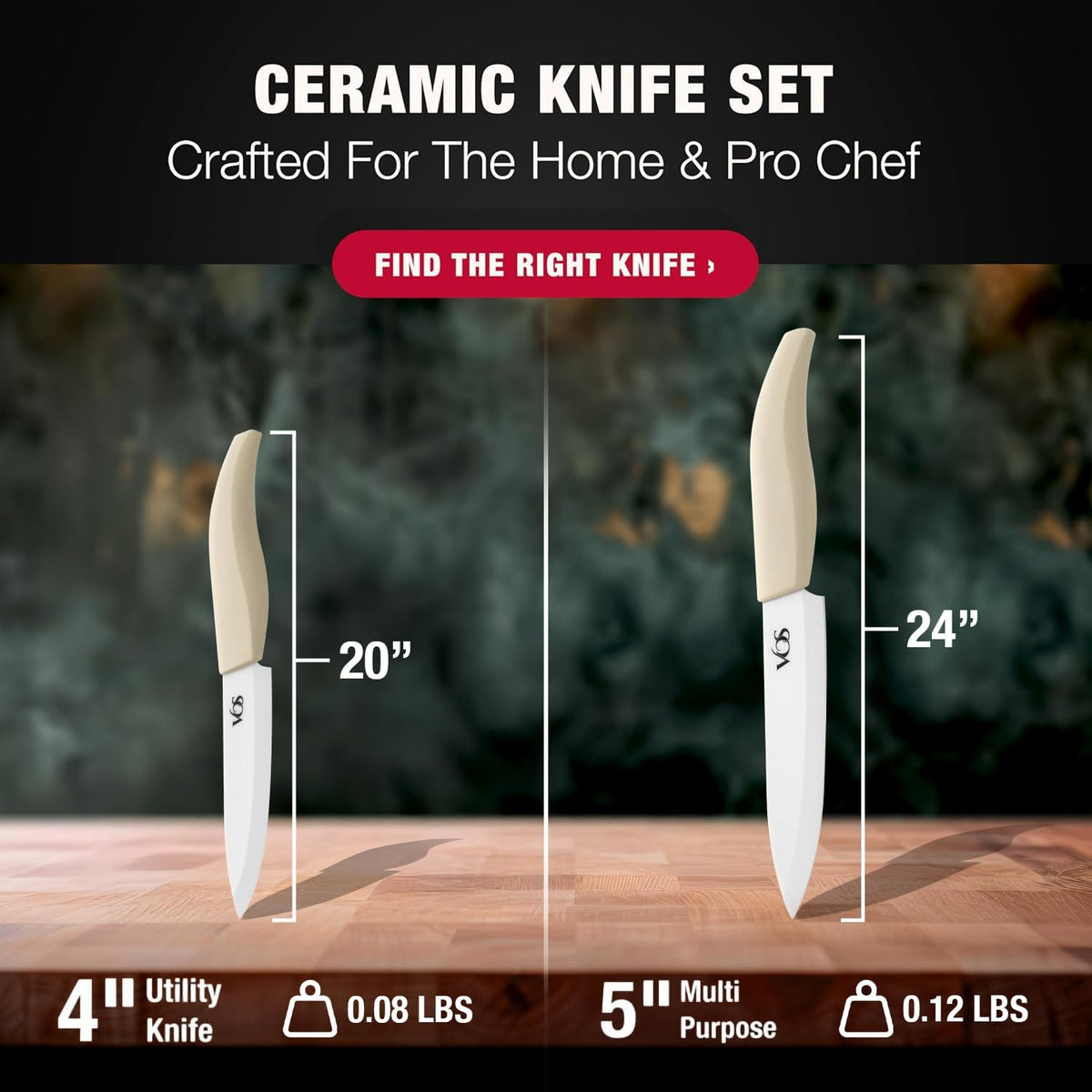 Vos ceramic knives set for kitchen in gift box, set of 2 ceramic knife with cover, 5.5" santoku & 4.5" utility for home cooks, Ultra Sharp, lightweight, rust-fre