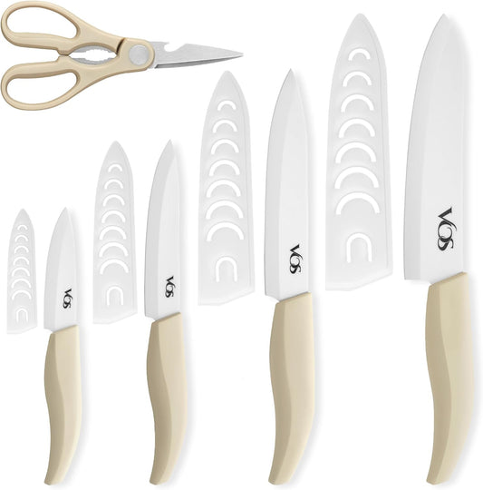 Vos 5-Piece Ceramic Knife Set with Scissors (Off-White) - 4 white-blade knives, blade covers and kitchen scissors