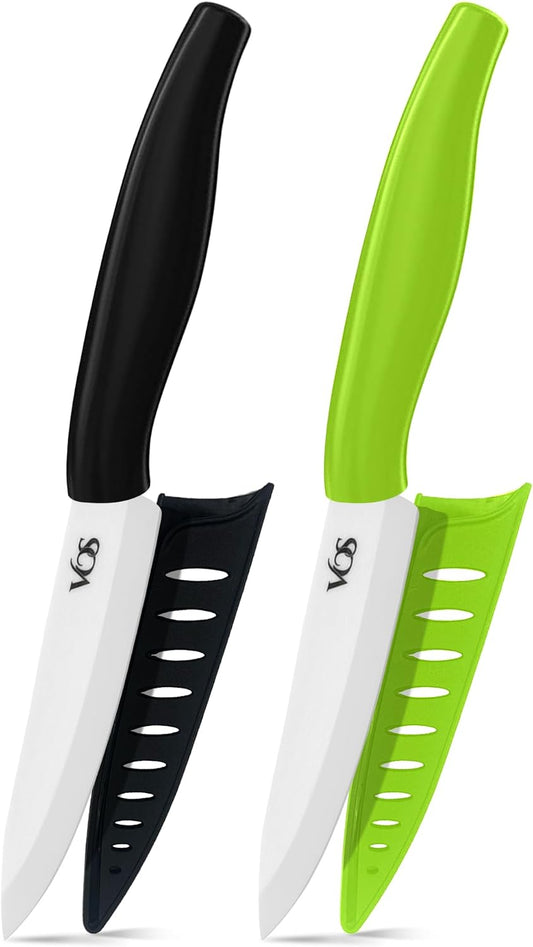 Vos 4-Inch Ceramic Paring Knife Set of 2 (Green & Black) - white zirconia blades with matching sheaths