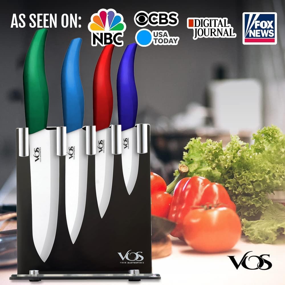 Vos Ceramic Knife Set with Block, Ceramic Knives Set For Kitchen, Ultra Sharp Kitchen Knife Set with Covers, 3" 4" 5" 6" Chef Knife, Utility, Paring & versatile, Light & Dishwasher safe (Multi-Color)