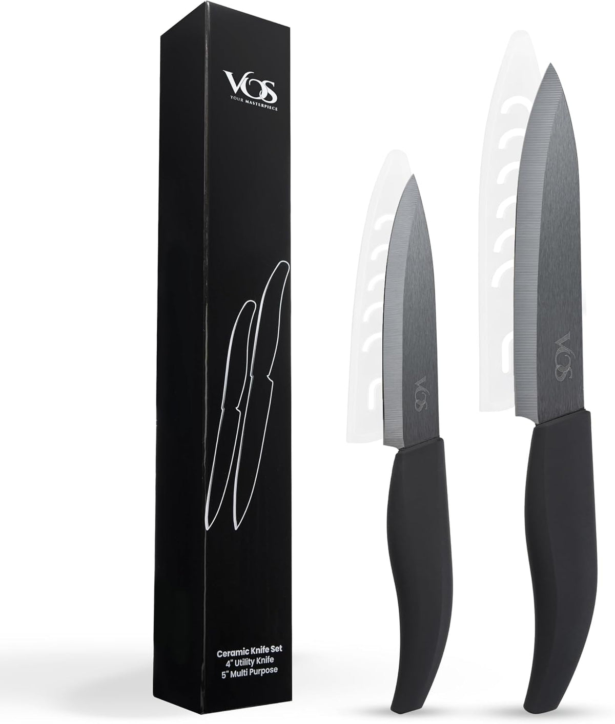 Vos ceramic knives set for kitchen in gift box, set of 2 ceramic knife with cover, 5.5" santoku & 4.5" utility for home cooks, Ultra Sharp, lightweight, rust-free, dishwasher safe (Black handle)