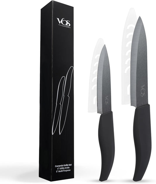Vos 2-Piece Ceramic Knife Set (Black) - black blades, black handles, white blade covers and black gift box