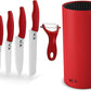 Vos Universal Knife Block and Ceramic Kitchen Knives With Peeler, Ceramic Paring Knife 4", 5", 6", 7", 8" Inch Red