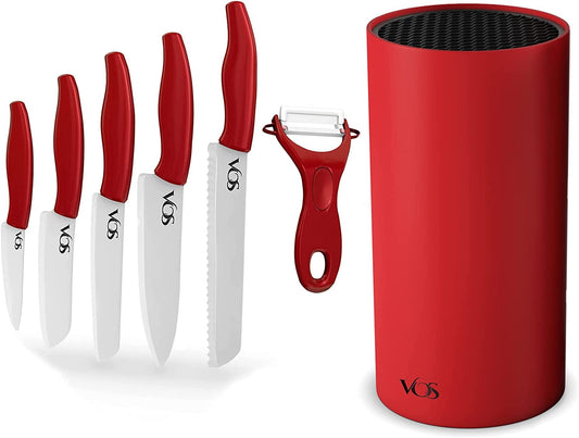 Vos Universal Knife Block and Ceramic Kitchen Knives With Peeler, Ceramic Paring Knife 4", 5", 6", 7", 8" Inch Red