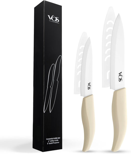 Vos 2-Piece Ceramic Knife Set (Off-White) - white blades, off-white handles, blade covers and black gift box