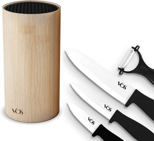 Vos Universal knife Block and Ceramic Kitchen Knives With Peeler, Ceramic Paring Knife 3", 4", 6", Inch Black