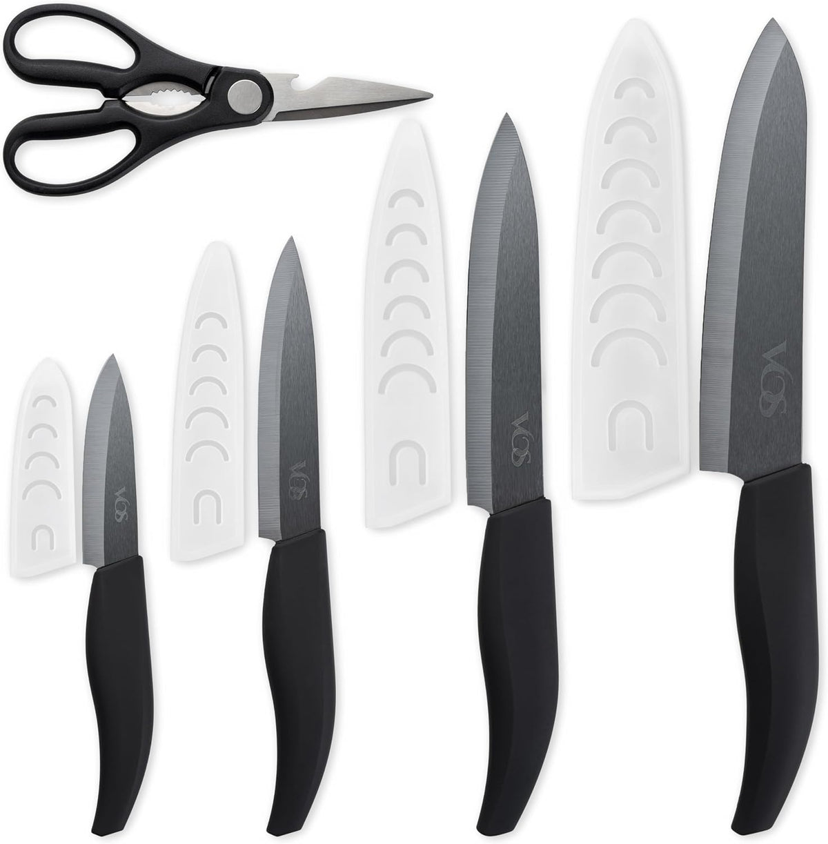 Vos ceramic knives set for kitchen in gift box, 5 ceramic knife with cover with scissors, 3" 4" 5" 6" ultra sharp knives for home cooks, lightweight, rust-free, dishwasher safe (Black handle)