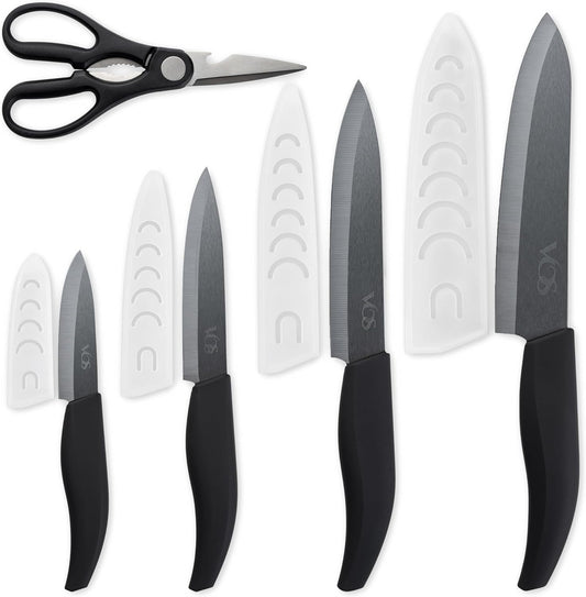 Vos 5-Piece Ceramic Knife Set with Scissors (Black) - 4 black-blade knives, blade covers and kitchen scissors