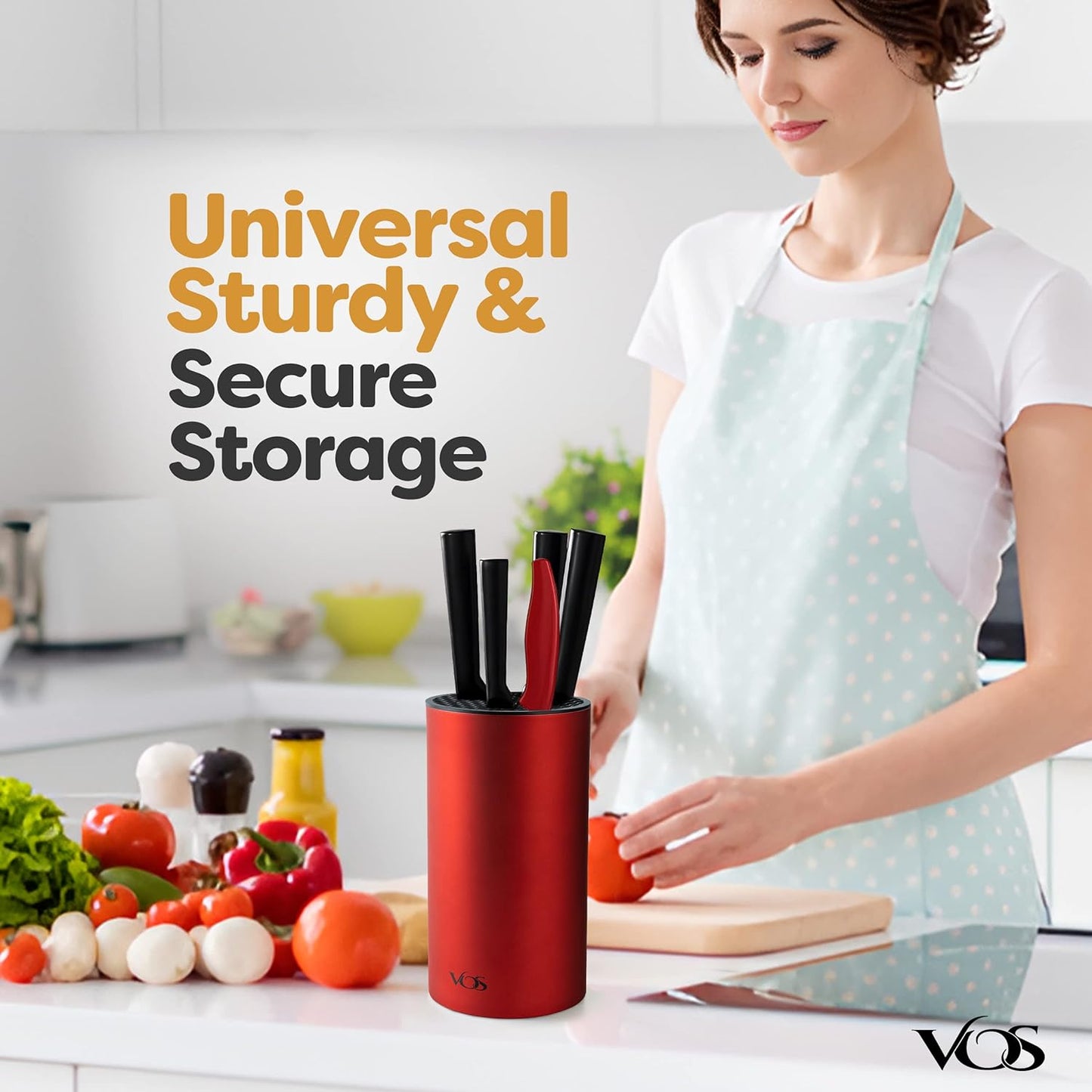 Vos Universal knife Block and Ceramic Kitchen Knives With Peeler, Ceramic Paring Knife 3", 4", 6", Inch Black and Red