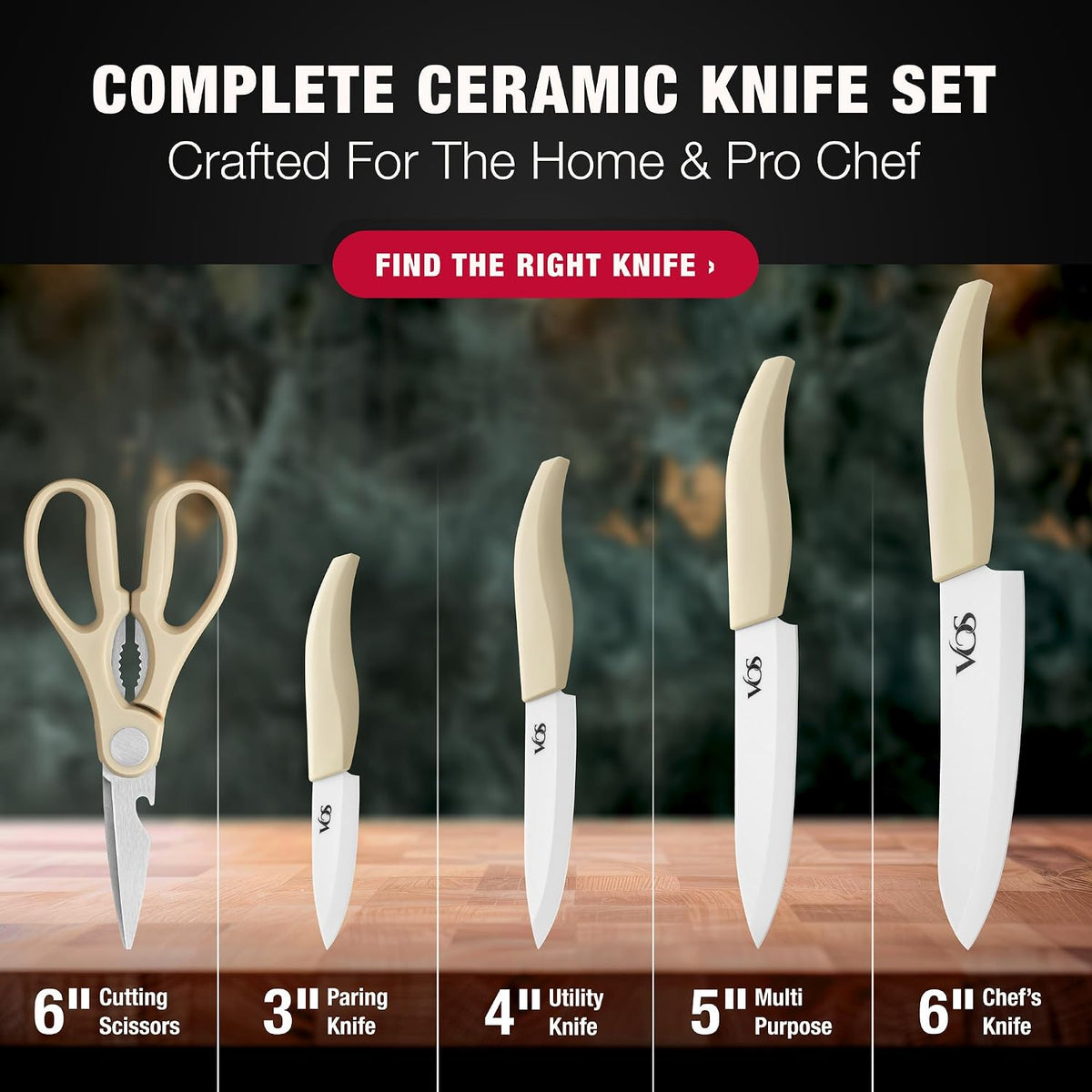 Vos ceramic knives set for kitchen in gift box, 5 ceramic knife with cover with scissors, 3" 4" 5" 6" ultra sharp knives for home cooks, lightweight, rust-free, dishwasher safe (Off-white handle)
