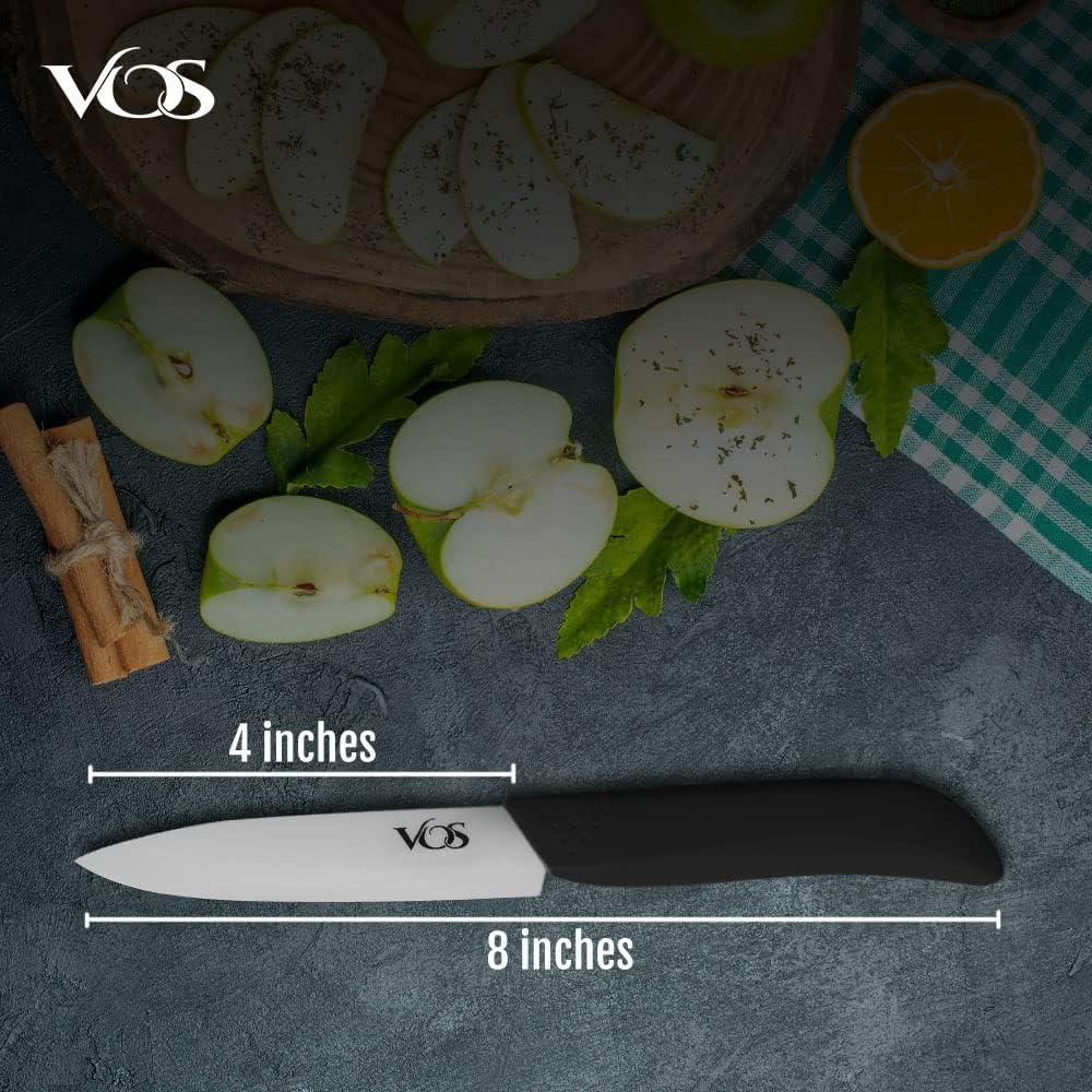 Vos Ceramic Paring Knife 4 Inch Zirconia Blade With Sheath Cover - Handle Fruit and Vegetables Kitchen Knife - Set of 2 (Green & Black)