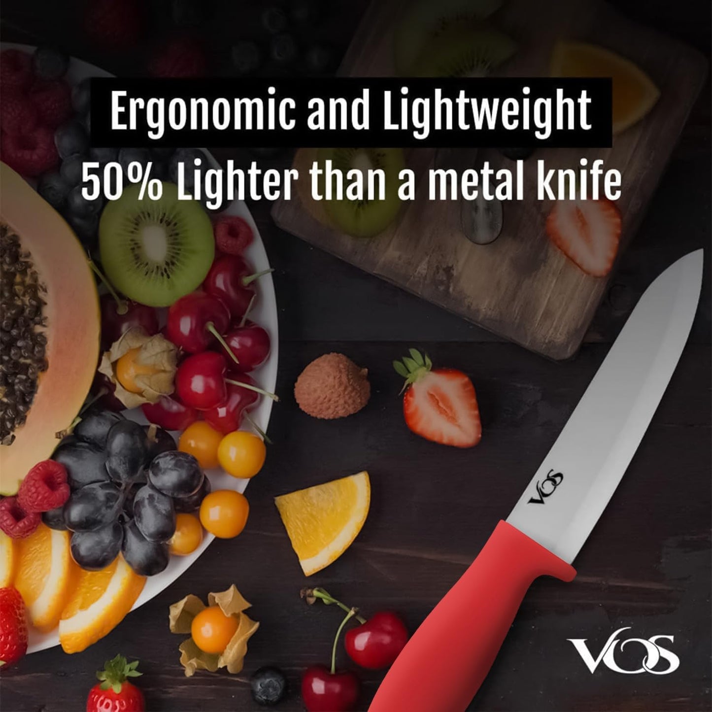 Vos Ceramic Knife Set with Peeler, Ceramic Knives Set For Kitchen, Ultra Sharp Kitchen Knife Set with Covers, 3" 4" 6" Paring, Utility & Chef Knife, Ultra Sharp, Lightweight, Dishwasher safe (Red)