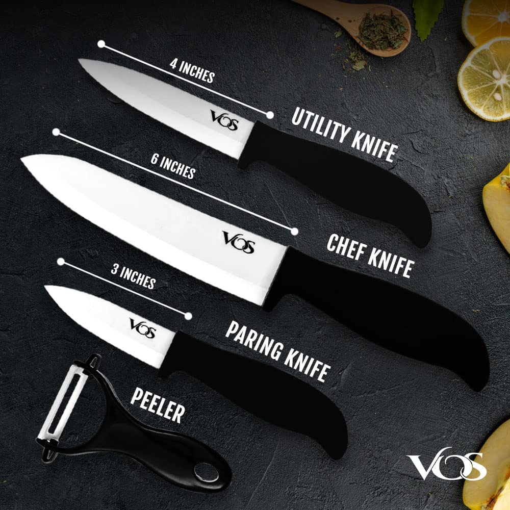 Vos Universal knife Block and Ceramic Kitchen Knives With Peeler, Ceramic Paring Knife 3", 4", 6", Inch Black