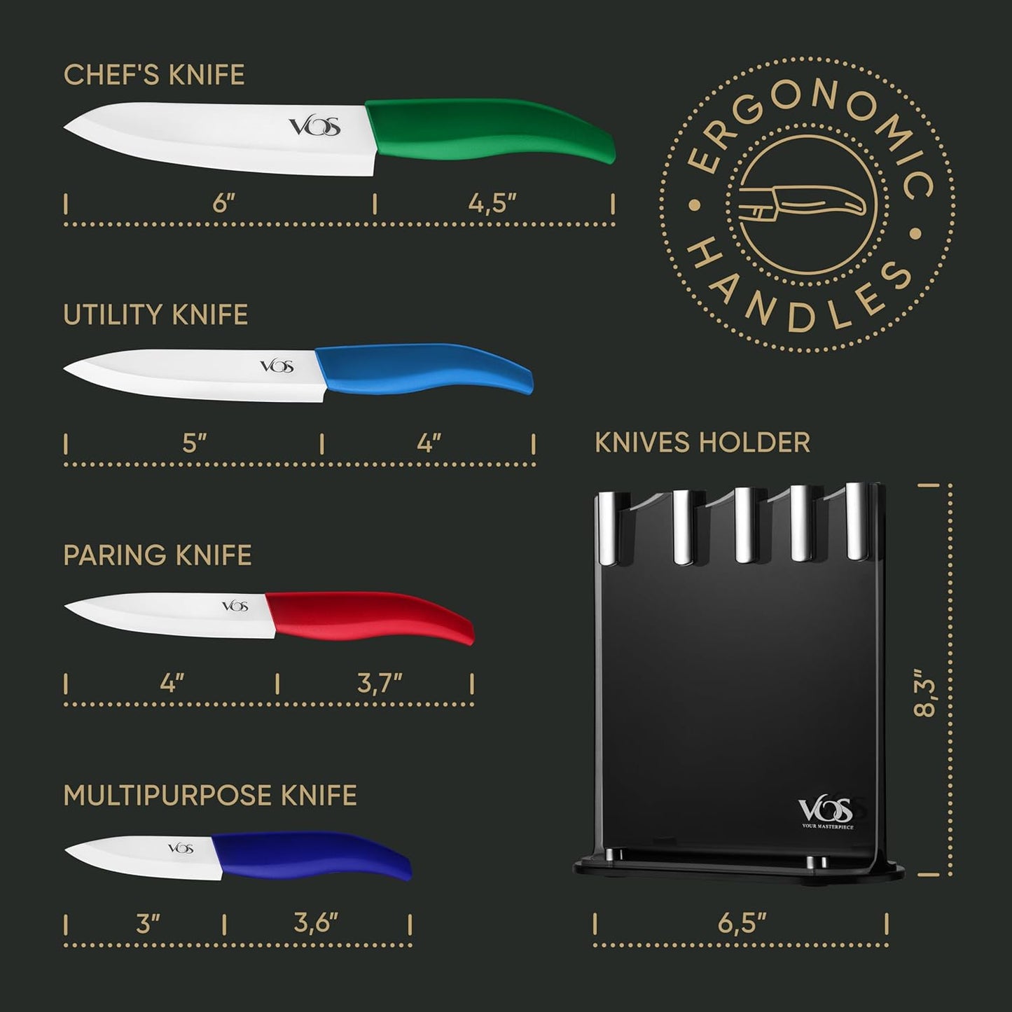 Vos Ceramic Knife Set with Block, Ceramic Knives Set For Kitchen, Ultra Sharp Kitchen Knife Set with Covers, 3" 4" 5" 6" Chef Knife, Utility, Paring & versatile, Light & Dishwasher safe (Multi-Color)