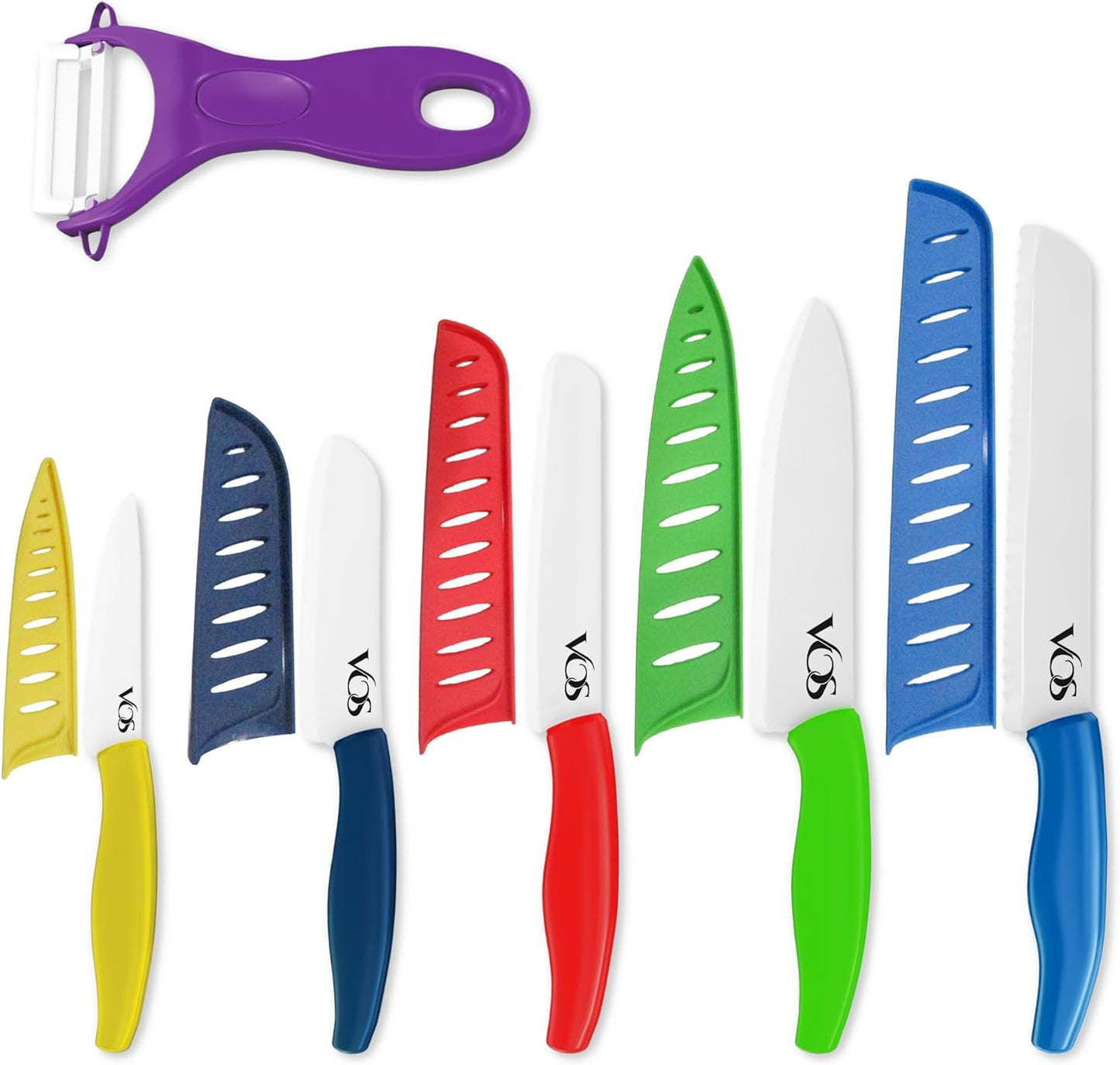 Vos Ceramic Knife with Peeler, Ceramic Knives Set For Kitchen, Ultra Sharp Kitchen Knife Set with Covers, 4"5"6"7"8" Paring, Chef Knife, Santoku & 2 more, Lightweight, Dishwasher safe (Multi-Color)