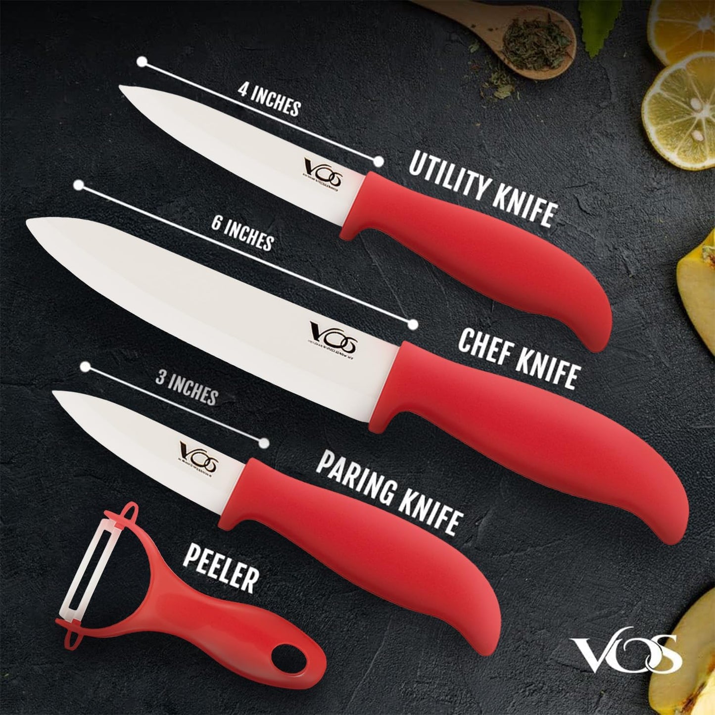 Vos Ceramic Knife Set with Peeler, Ceramic Knives Set For Kitchen, Ultra Sharp Kitchen Knife Set with Covers, 3" 4" 6" Paring, Utility & Chef Knife, Ultra Sharp, Lightweight, Dishwasher safe (Red)
