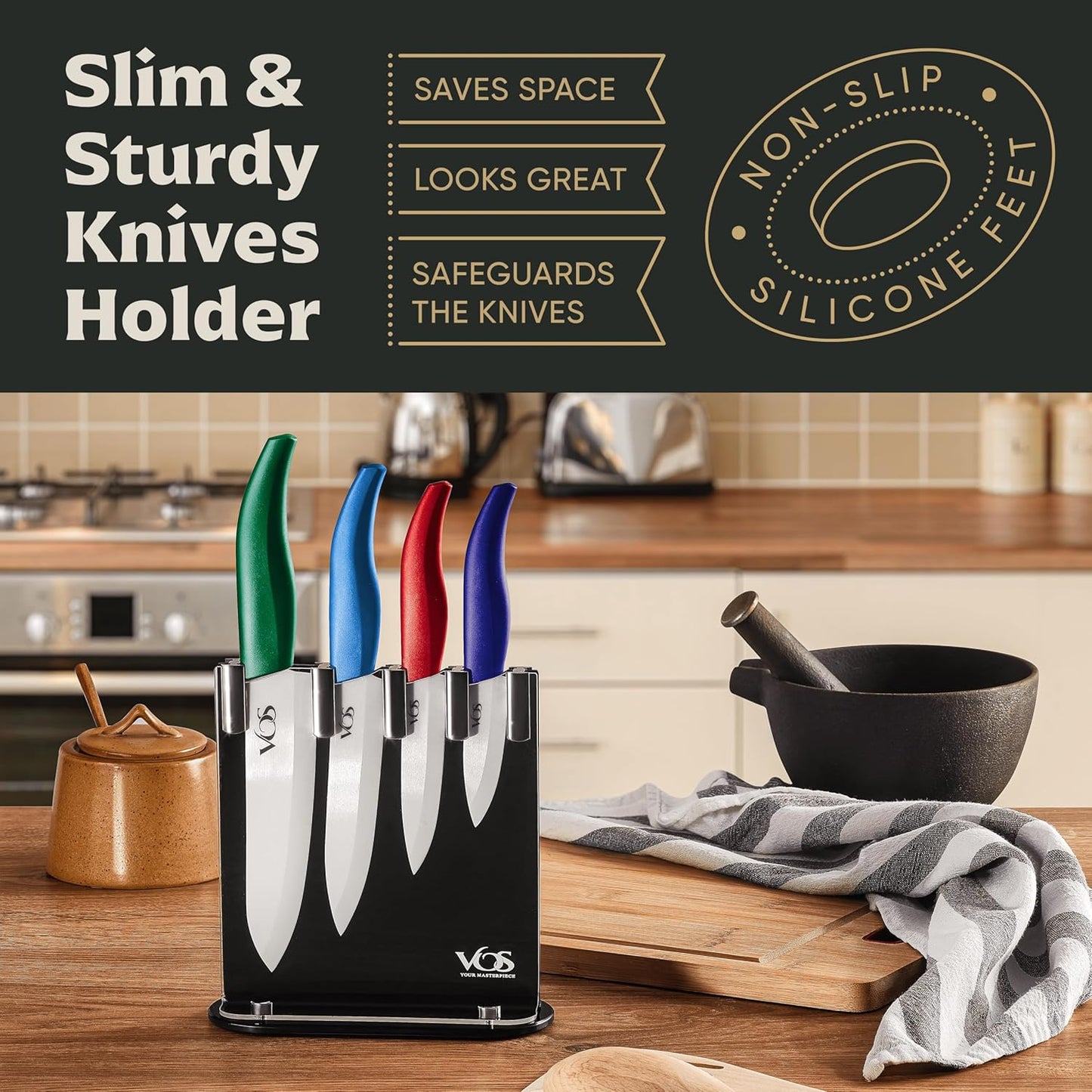 Vos Ceramic Knife Set with Block, Ceramic Knives Set For Kitchen, Ultra Sharp Kitchen Knife Set with Covers, 3" 4" 5" 6" Chef Knife, Utility, Paring & versatile, Light & Dishwasher safe (Multi-Color)