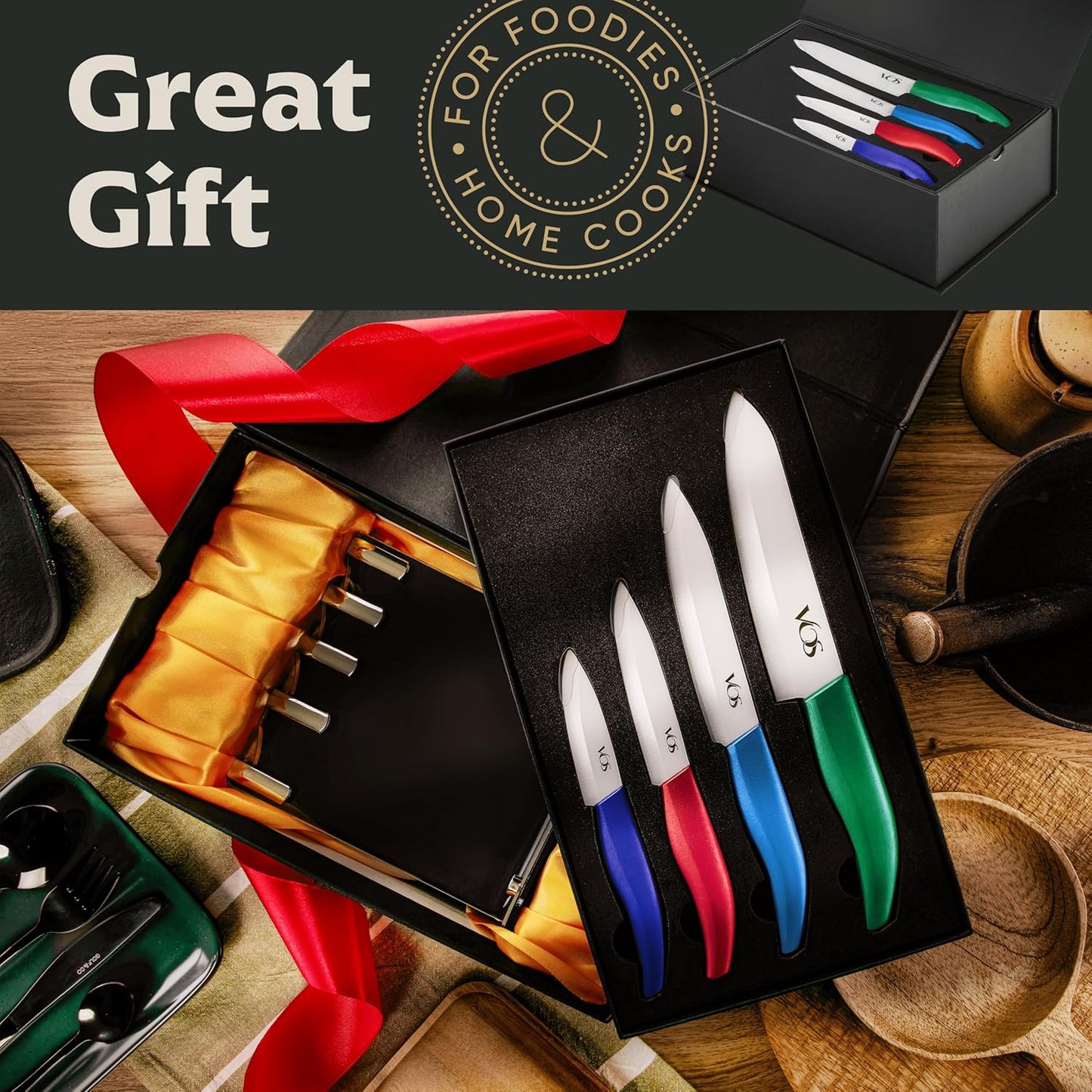 Vos Ceramic Knife Set with Block, Ceramic Knives Set For Kitchen, Ultra Sharp Kitchen Knife Set with Covers, 3" 4" 5" 6" Chef Knife, Utility, Paring & versatile, Light & Dishwasher safe (Multi-Color)