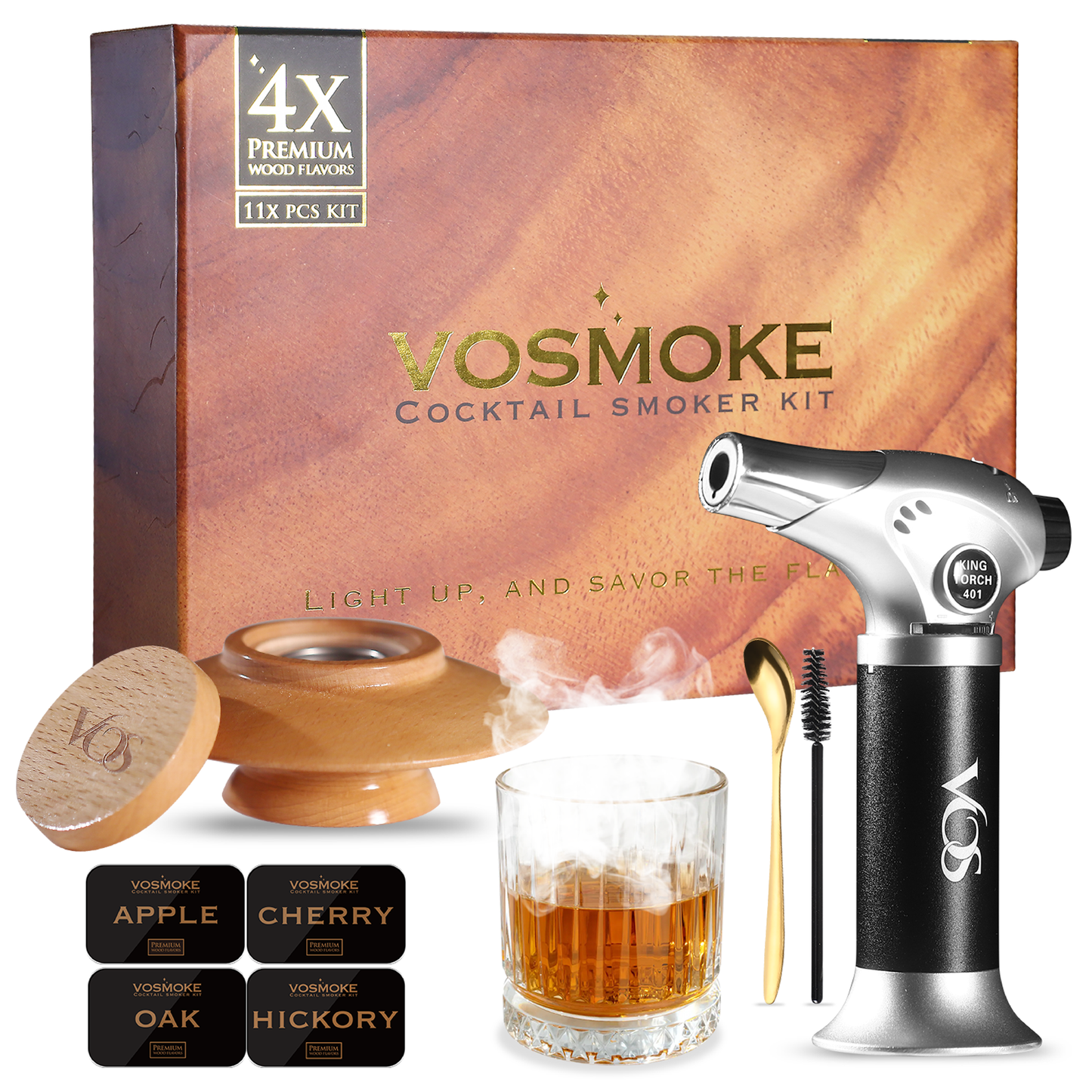 Premium Cocktail Smoker Kit - Complete Drink Smoker Set with Torch, Four Wood Flavors in Elegant Gift Box