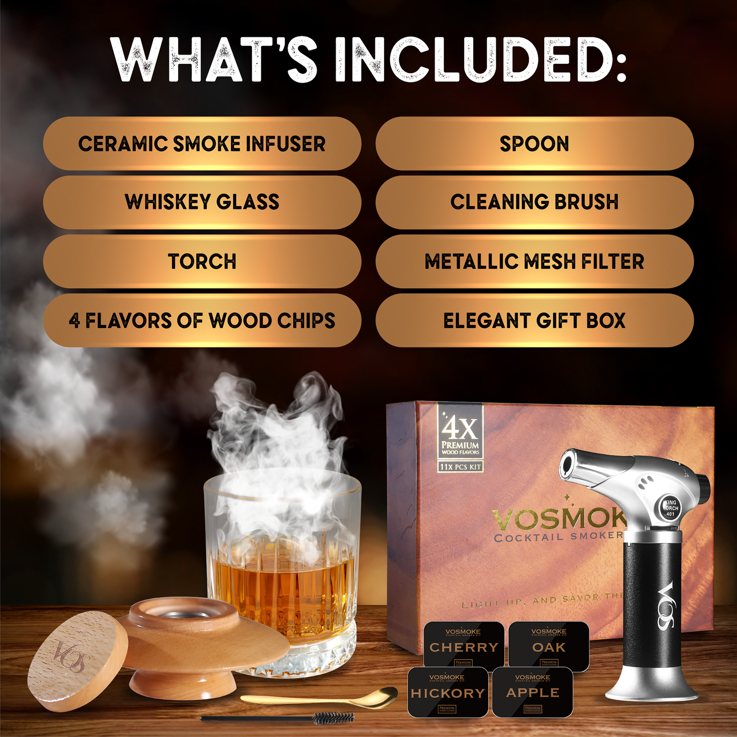 Premium Cocktail Smoker Kit - Complete Drink Smoker Set with Torch, Four Wood Flavors in Elegant Gift Box
