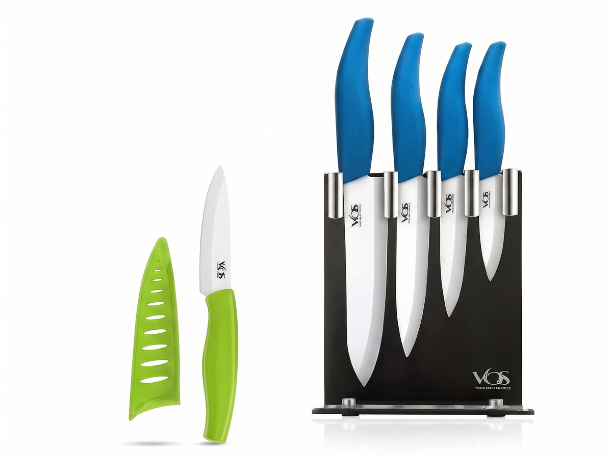 Vos 5-Piece Ceramic Knife Set with Elegant Block plus Extra Paring Knife (Blue & Green)