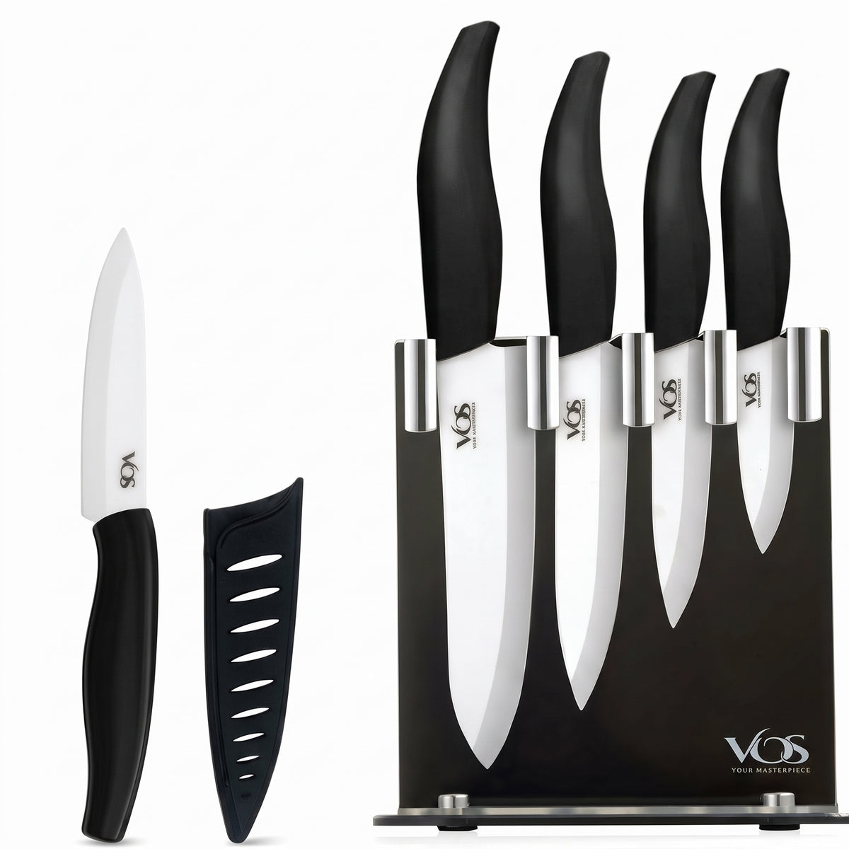 Vos 5-Piece Ceramic Knife Set with Elegant Block plus Extra Paring Knife (Black)