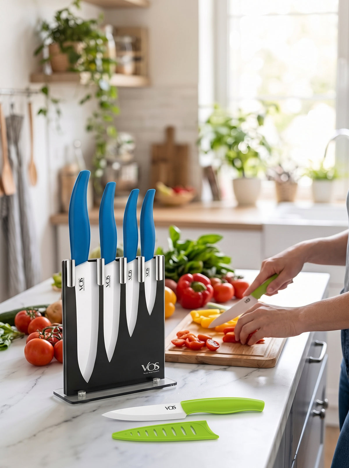 Vos 5-Piece Ceramic Knife Set with Elegant Block plus Extra Paring Knife (Blue & Green)