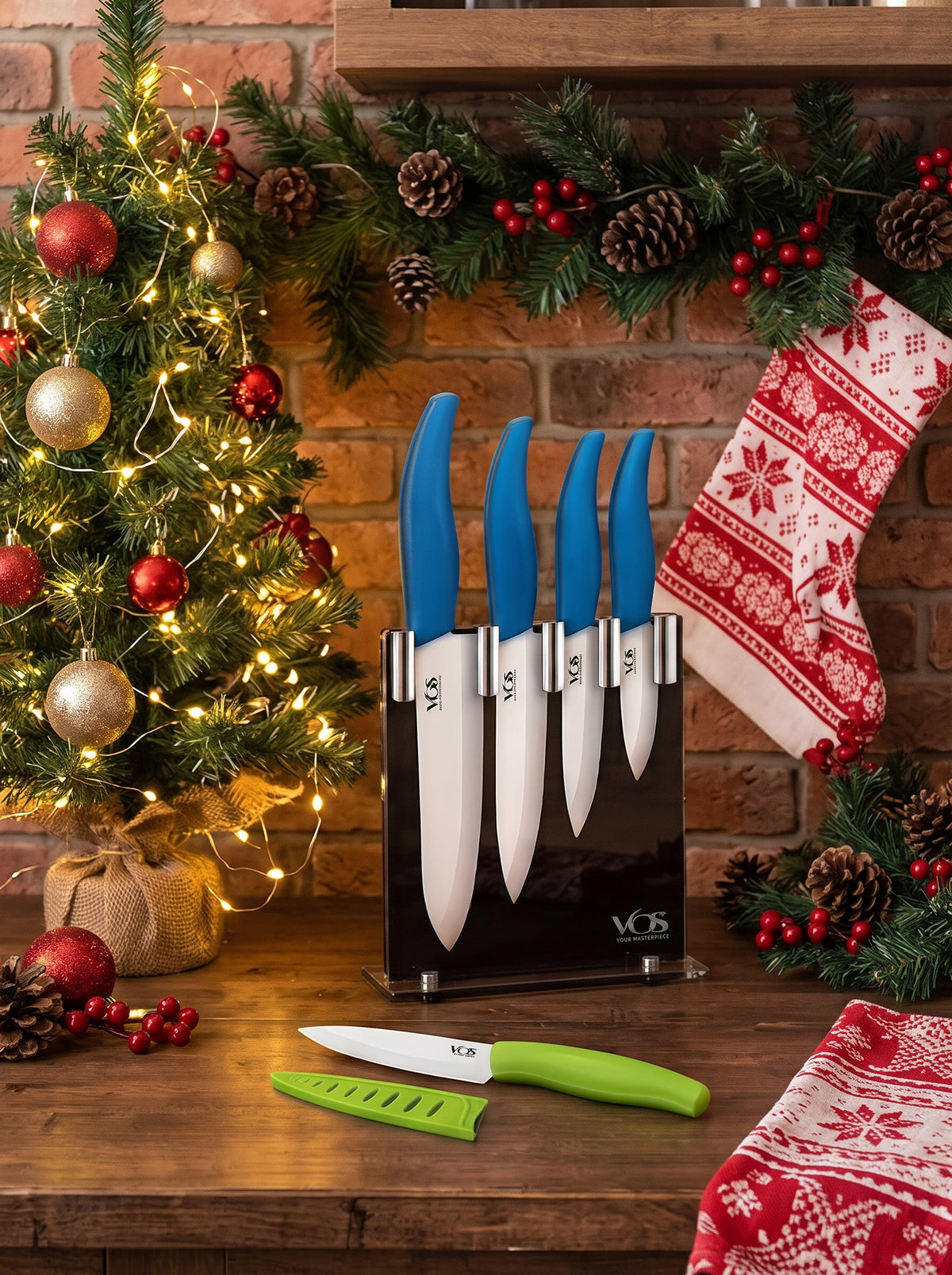 Vos 5-Piece Ceramic Knife Set with Elegant Block plus Extra Paring Knife (Blue & Green)