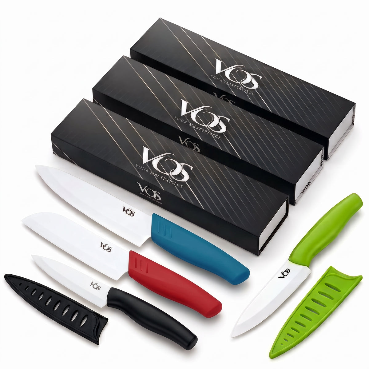 Vos 5-Piece Ceramic Knife Gift Set, 3-Piece Multicolor Set plus 2 Paring Knives
