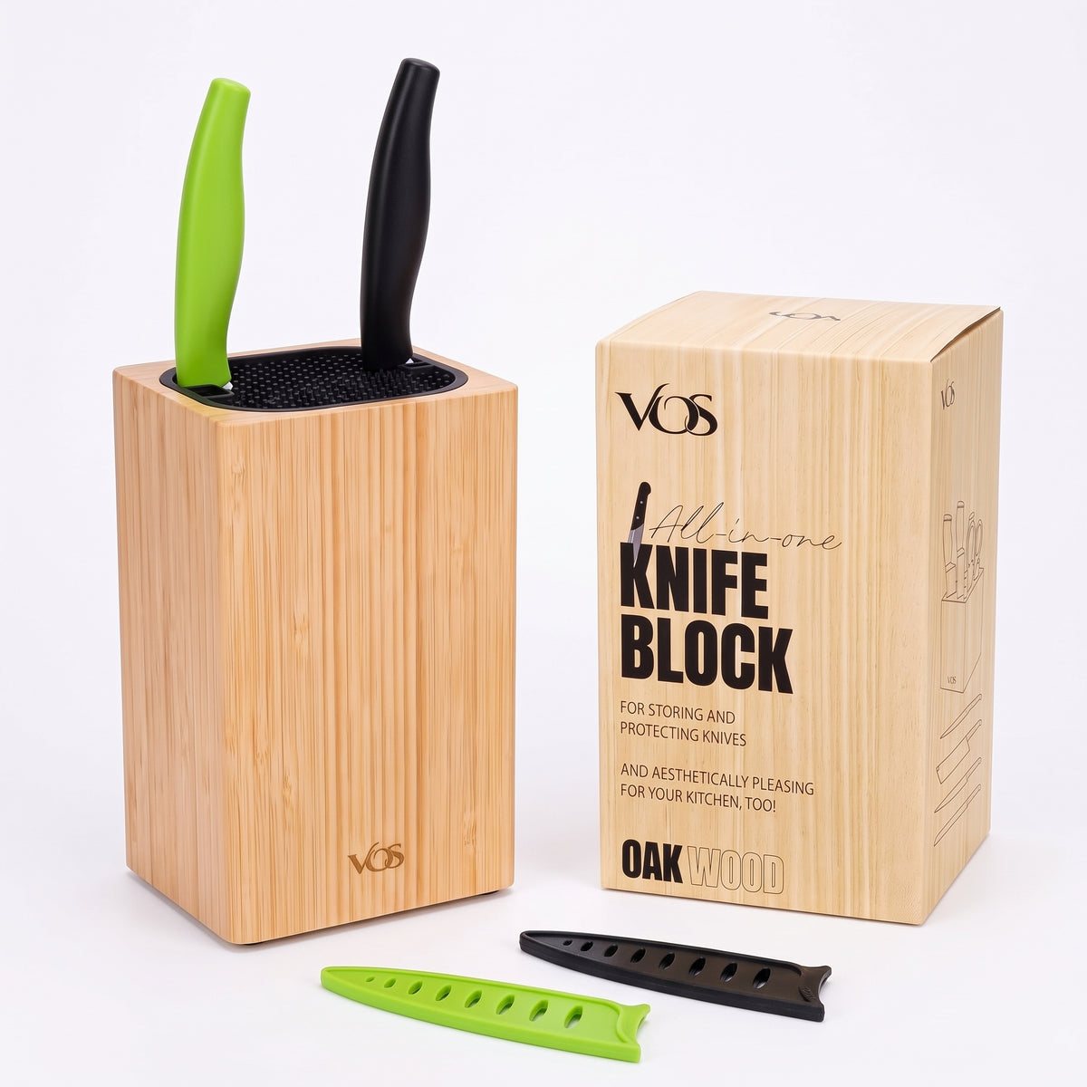 Vos Large Universal Oak Knife Block with Two 4" Ceramic Paring Knives (Green & Black)