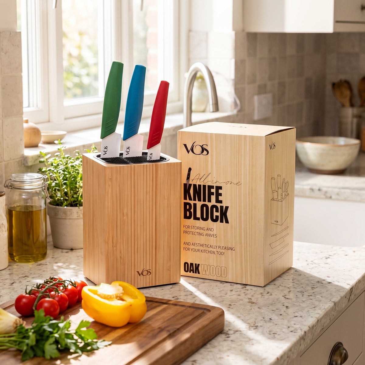 Vos 3-Piece Multicolor Ceramic Knife Set with Large Universal Oak Knife Block