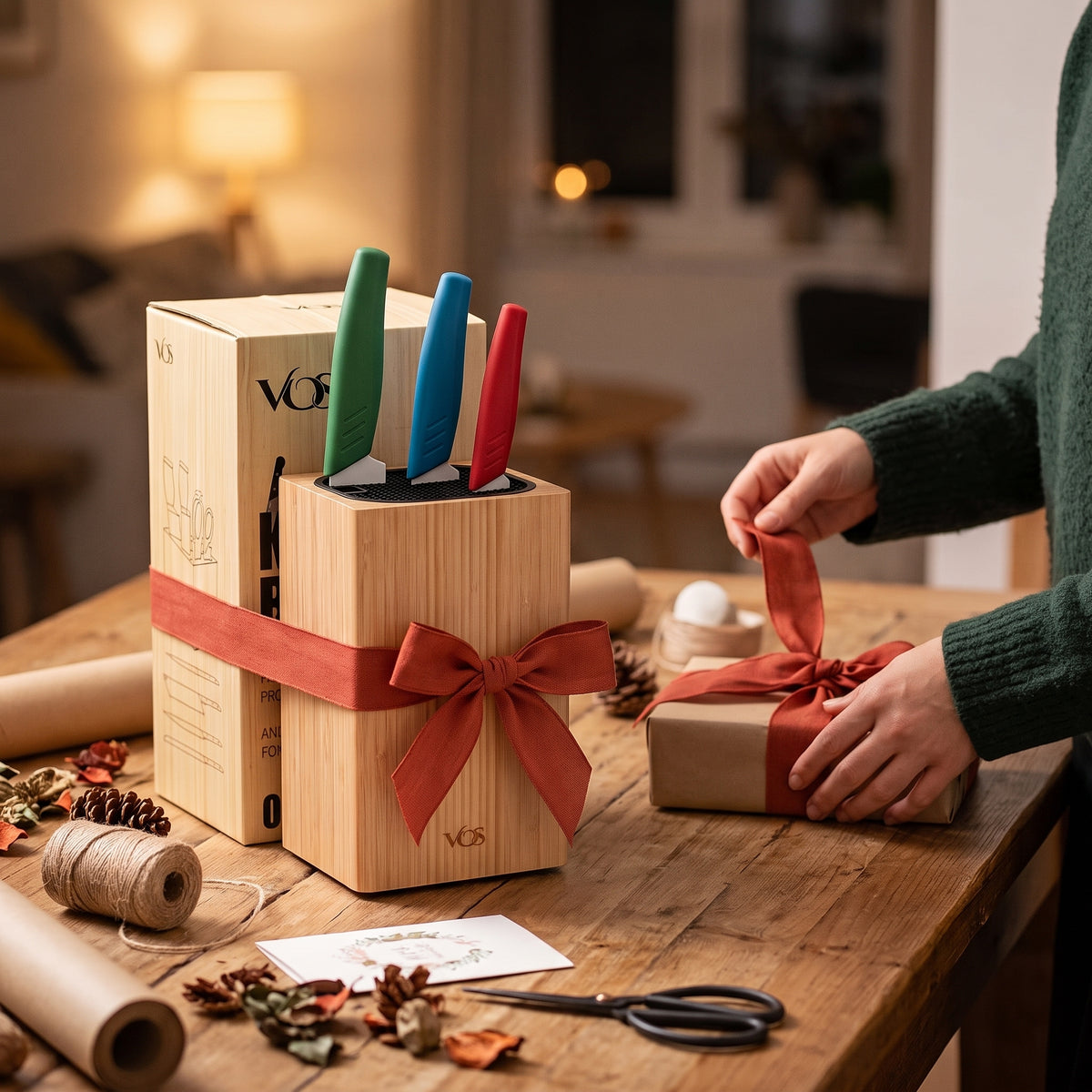 Vos 3-Piece Multicolor Ceramic Knife Set with Large Universal Oak Knife Block