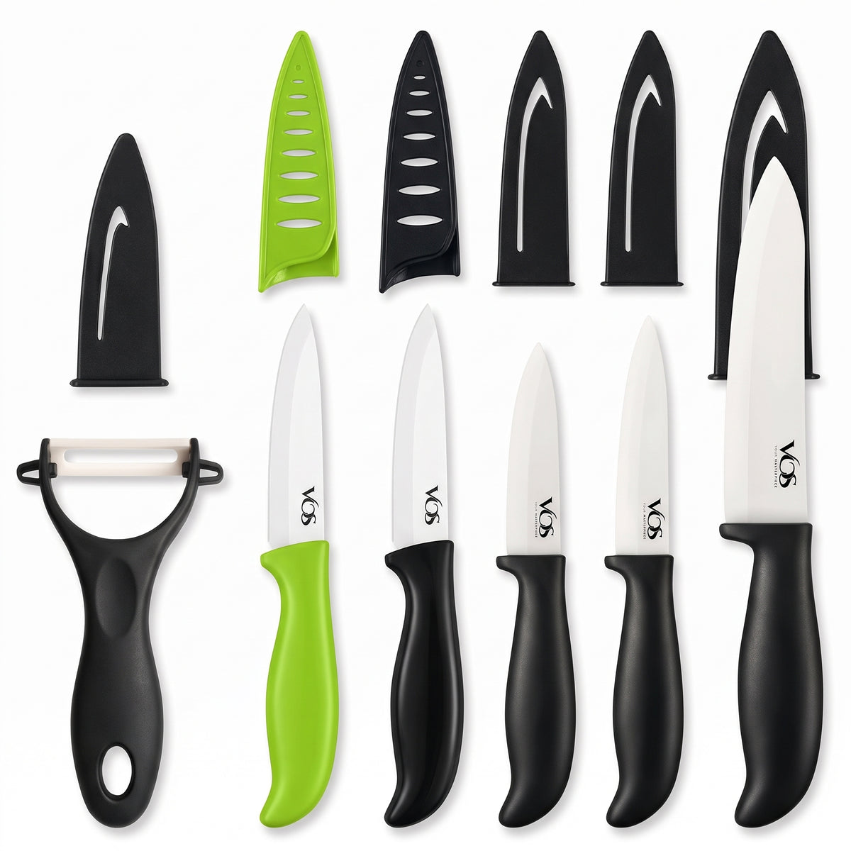 Vos 6-Piece Ceramic Knife & Peeler Gift Set, Black 4-Piece Set plus 2 Paring Knives