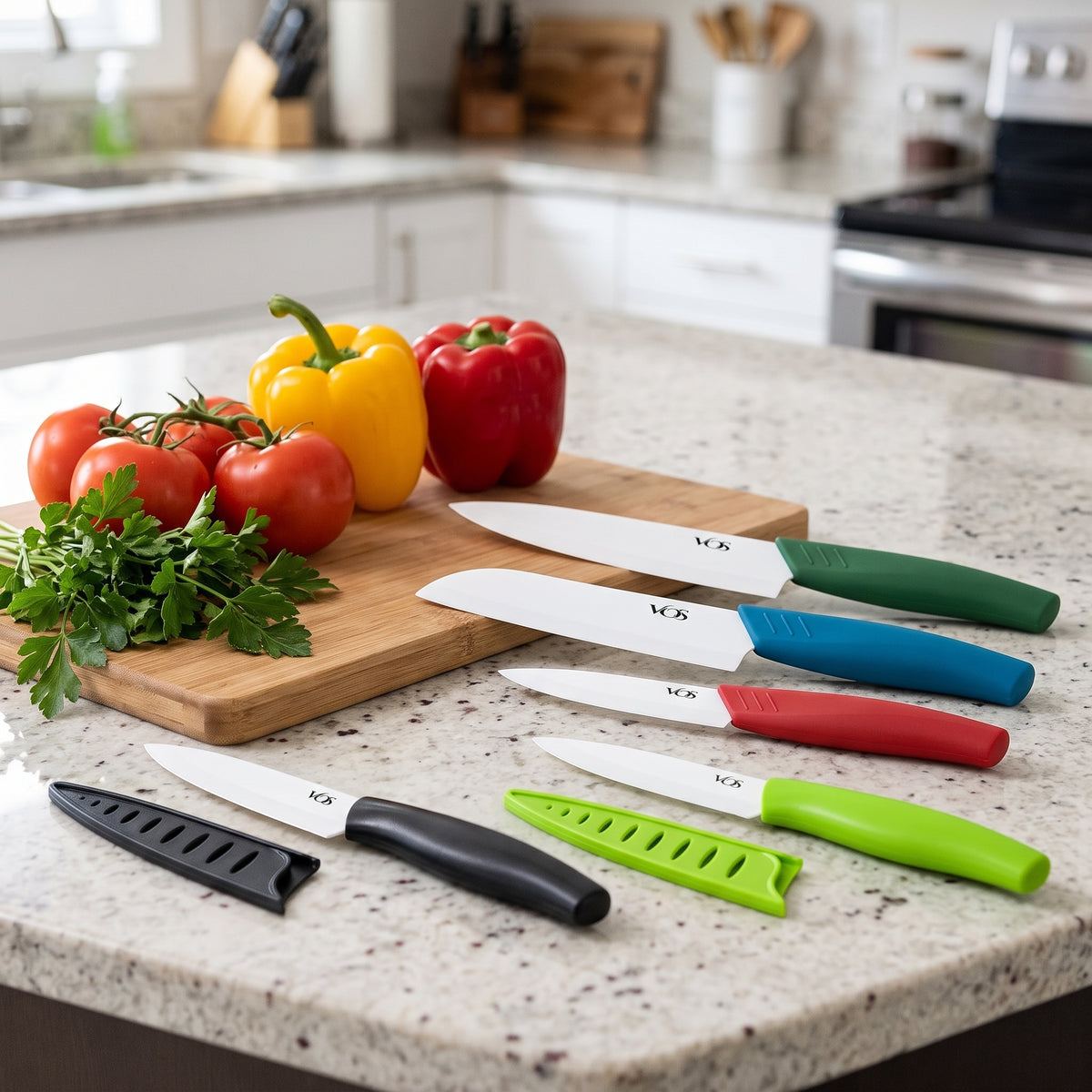 Vos 5-Piece Ceramic Knife Gift Set, 3-Piece Multicolor Set plus 2 Paring Knives