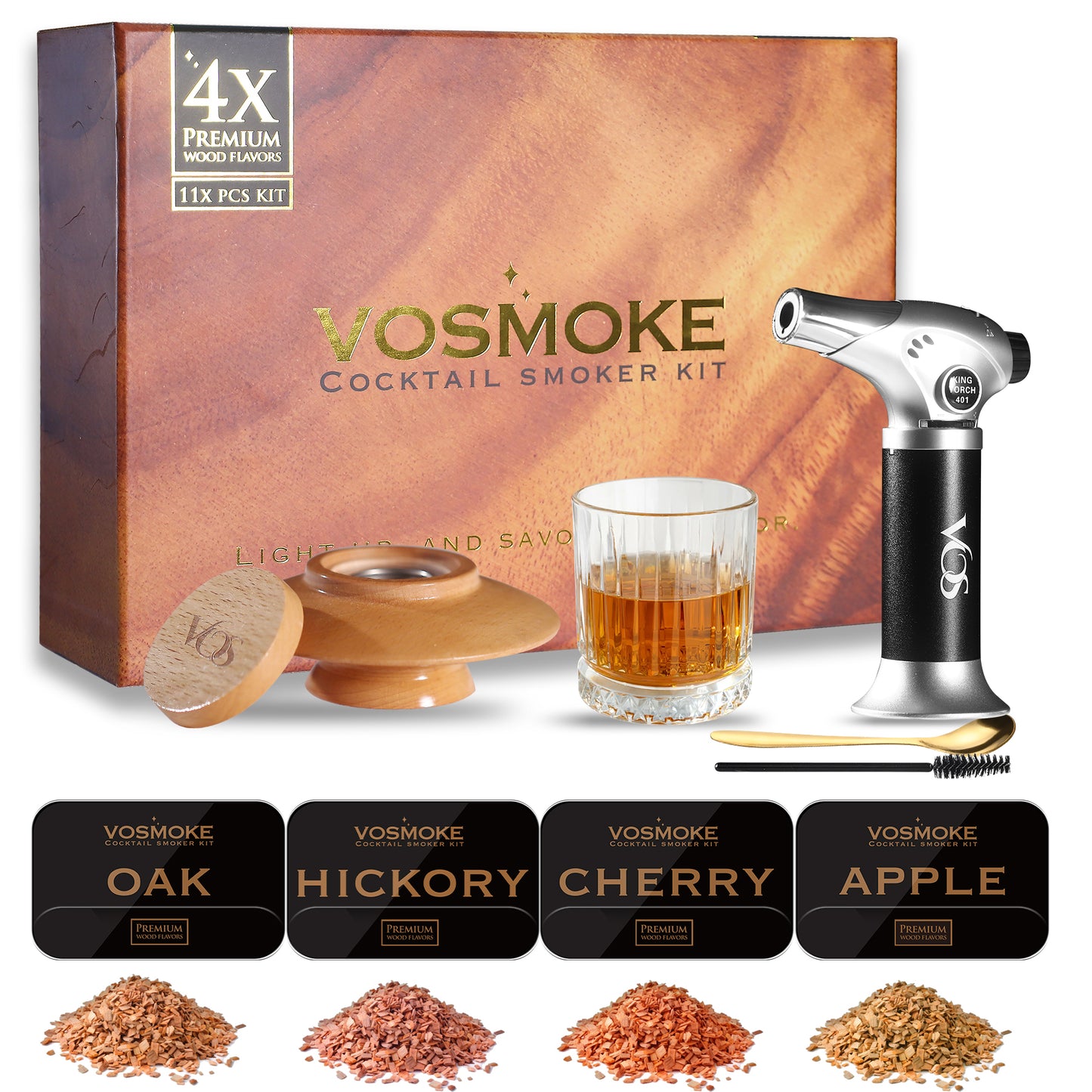 Premium Cocktail Smoker Kit - Complete Drink Smoker Set with Torch, Four Wood Flavors in Elegant Gift Box