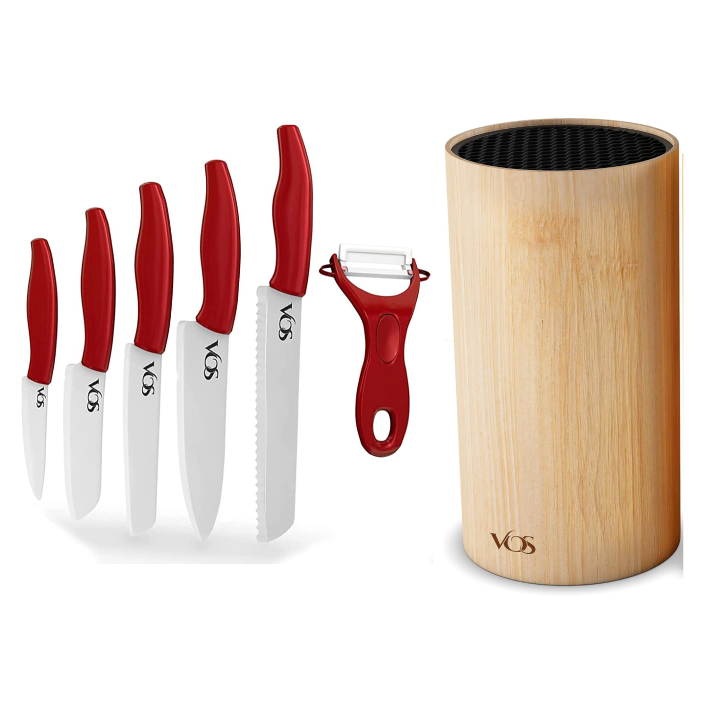 Vos Universal Knife Block and Ceramic Kitchen Knives With Peeler, Ceramic Paring Knife 4", 5", 6", 7", 8" Inch Red