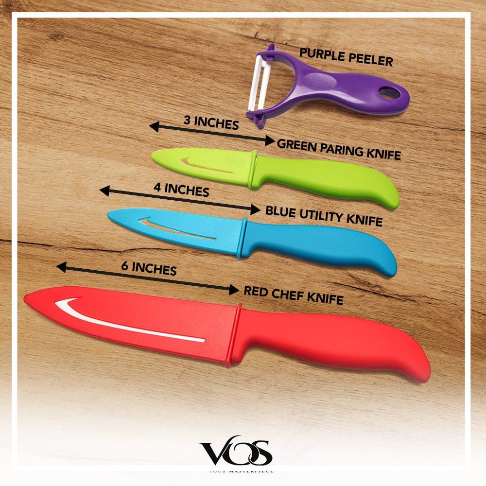 cute knife set includes 3 kitchen knives, ceramic peeler and multipurpose  scissor, dishwasher safe, good for beginners