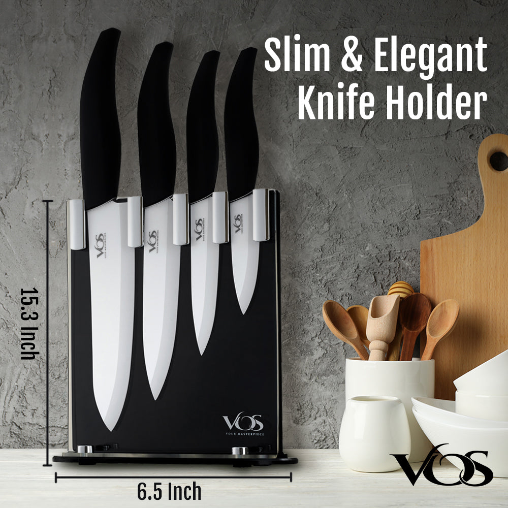 Vos Ceramic Knives with Block Holder - 4-Pc Kitchen Knife Set for