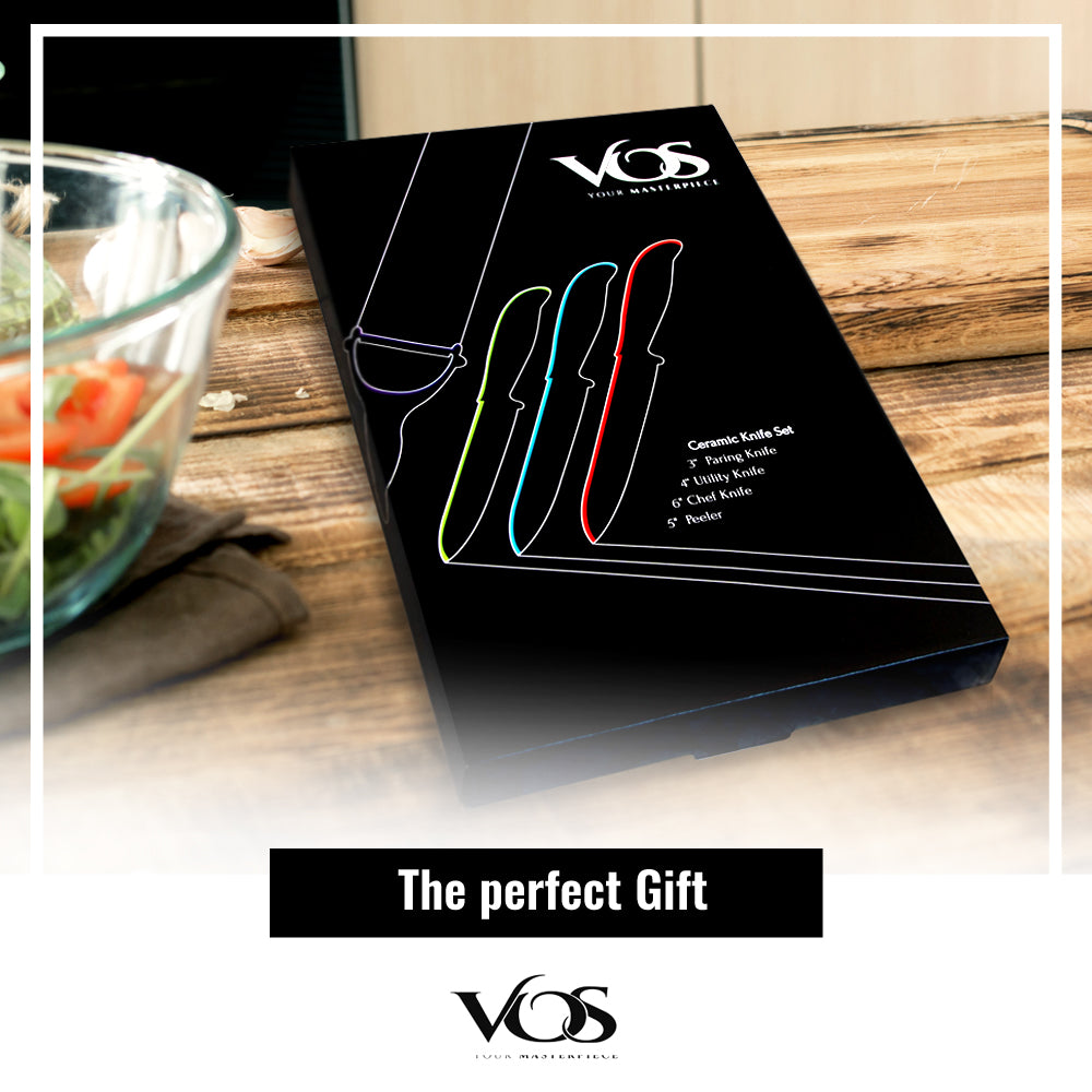 Vos Ceramic Knives for Kitchen Three Knife Set with 3 Covers A Peeler and A Gift Box (Black)