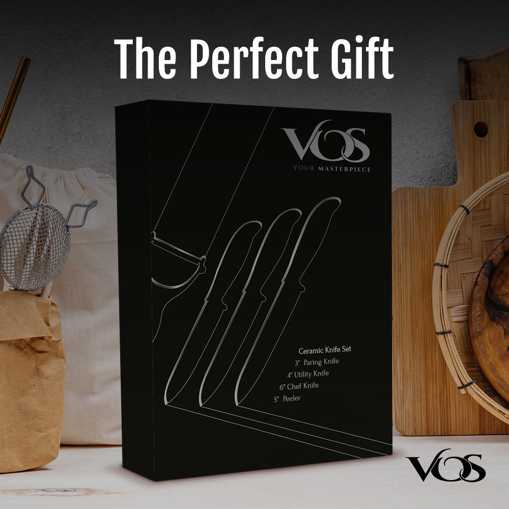 Vos Ceramic Knives for Kitchen Three Knife Set with 3 Covers A Peeler and A Gift Box (Black)