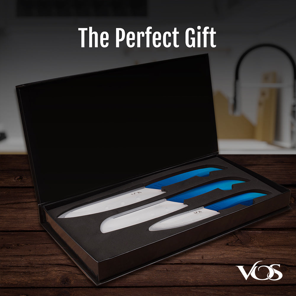 Vos Ceramic Knives for Kitchen Three Knife Set With 3 Covers a Peeler and a  Gift Box (Black) 